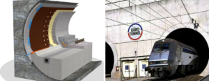 Cutaway graphic showing layers of tunnel wall construction; Train emerging from Euro Tunnel that was build using DELTA-MS