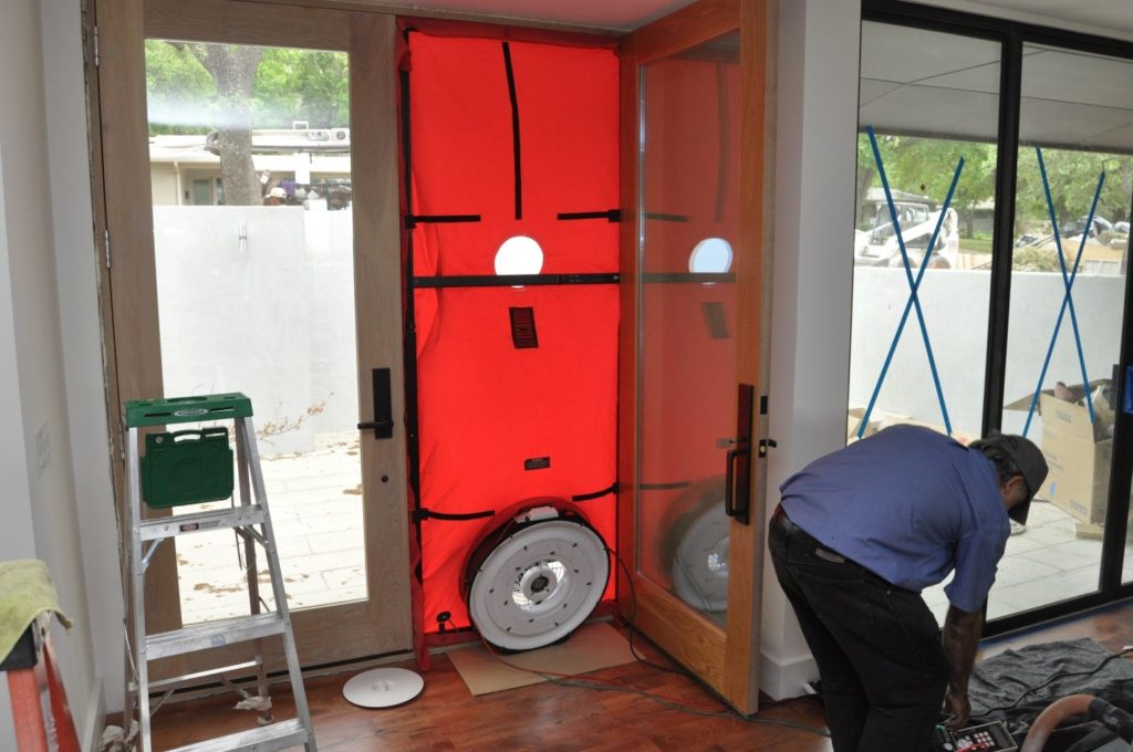 Blower door test on Matt Risinger project
