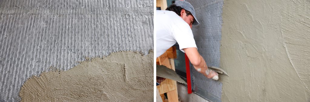 man applying stucco over rainscreen