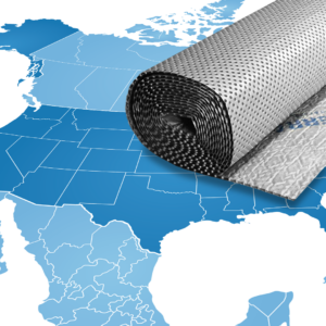 DELTA-TERRAXX (rolled-up protective and drainage sheeting) resting on top of a North American map illustration